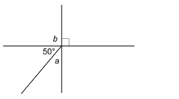 This illustration shows a vertical and a horizontal line segment that intersect. A third segment shares the meeting point and is drawn at an angle of 50 degrees below the left side of the horizontal line.