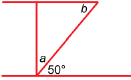 This illustration shows the overlay from the flashing illustration. There is an additional line perpendicular to the top and bottom lines. It meets the angled line where they connect with the bottom horizontal line. The top angle in the triangle is labelled b. The bottom angle is labelled a. The exterior angle is shown measuring 50 degrees.