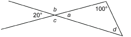 This illustration shows two line segments intersecting. The angles from the top going clockwise are labelled b, a, c, and 20 degrees. On the right side of the illustration, a line is drawn between the ends of the two segments. The upper angle in the triangle is 100 degrees and the bottom angle is labelled d.