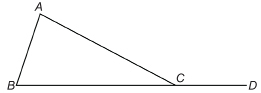This illustration shows triangle ABC with side BC extending from C and ending at D.
