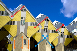 This photograph shows modern cube-shaped housing units with identified parallel and perpendicular features.