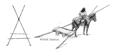 This is an image of a horse and rider pulling a travois. The travois is also displayed vertically in the image.