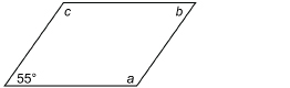 This illustration shows a parallelogram with angles labelled a, b, c, and 55 degrees. The angles are labelled starting in the lower right corner and moving counterclockwise around the parallelogram.