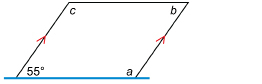 This illustration shows a parallelogram with angles labelled a, b, c, and 55 degrees. The angles are labelled starting in the lower right corner and are moving counterclockwise around the parallelogram. The lower side is highlighted in blue, and red arrowheads pointing upward are drawn on the upward-sloping sides.