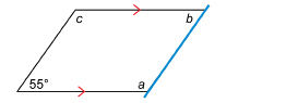 This illustration shows a parallelogram with angles labelled a, b, c, and 55 degrees. The angles are labelled starting in the lower right corner and are moving counterclockwise around the parallelogram. The right side is highlighted in blue, and red arrowheads pointing to the right are drawn on the top and bottom sides.