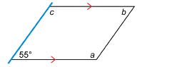 This illustration shows a parallelogram with angles labelled a, b, c, and 55 degrees. The angles are labelled starting in the lower right corner and moving counterclockwise around the parallelogram. The left side is highlighted in blue, and red arrowheads pointing to the right are drawn on the top and bottom sides.
