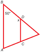 This illustration shows a triangle with its vertical side labelled AB. The angle between this vertical side and the hypotenuse is 50 degrees. A line segment, CD, is drawn parallel to side AB. The larger angle formed between line CD and the hypotenuse is labelled x.