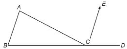 This illustration shows triangle ABC. Side BC is extended to D. Ray CE is drawn parallel to side AB.