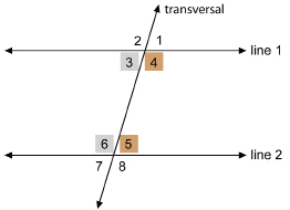 This illustration shows two parallel horizontal lines labelled line 1 and line 2. Line 1 is above line 2. A transversal intersects both lines as it rises from the lower left to the upper right. The angles formed between the transversal and line 1 are labelled 1, 2, 3, and 4, starting in the upper right and proceeding in a counterclockwise direction. The angles formed between the transversal and line 2 are labelled 5, 6, 7, and 8, starting in the upper right and proceeding in a counterclockwise direction. Labels 3 and 6 are in grey boxes. Labels 4 and 5 are in brown boxes.