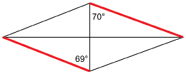 This illustration shows the outline of a diamond-shaped kite. The upper-right and lower-left sides are drawn in red. A pair of perpendicular segments are drawn on the kite. The vertical segment forms angles of 70 degrees with the upper-right side of the kite and 69 degrees with the lower-left side of the kite.