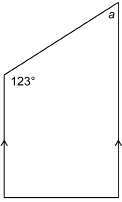 This illustration shows two parallel lines with a transversal. The interior angles formed are 123 degrees and “a” degrees.