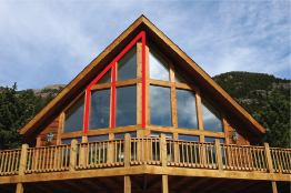 This illustration shows an A-frame chalet with an overlay on some of the window frames. The overlay has three vertical line segments joined at their tops by a fourth upward sloping line.