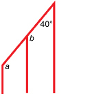 This illustration shows three vertical line segments joined at their tops by a fourth upward sloping line segment. The angle between the left vertical line and the top line is labelled a. The angle between the middle line and the top line on the right of the middle line is labelled b. The angle between the right-most vertical line and the sloping top line is labelled 40 degrees.