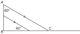 This illustration shows triangle ABC with angle A measuring 60 degrees. A line parallel to AC joins a point on AB with a point on BC. The angle formed between this line and BC, nearest B, is 40 degrees.