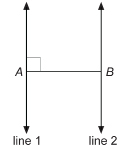 This illustration shows parallel lines, line 1 and line 2. They are joined by a segment that is perpendicular to line 1 at point A. The segment meets line 2 at point B.