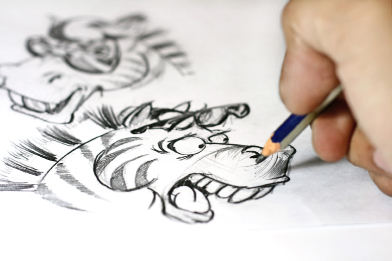 This illustration shows an artist drawing a cartoon animal.
