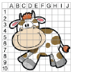 This illustration shows a cow cartoon figure with one eighth-inch grid overlaying it. An extra row of squares is placed above the image, and an extra column of squares is placed to the left of the image. The top row has the letters A through J placed from left to right in the squares. The left column has the numbers 1 through 10 placed in the squares from top to bottom.