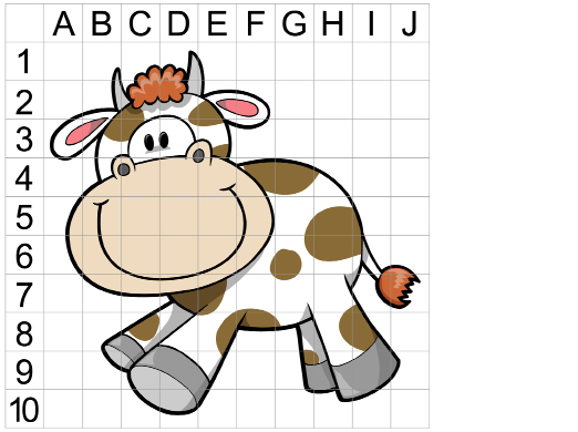 This illustration shows a cow cartoon figure with a half-inch grid overlaying it. An extra row of squares is placed above the image, and an extra column of squares is placed to the left of the image. The top row has the letters A through J placed from left to right in the squares. The left column has the numbers 1 through 10 placed in the squares from top to bottom.