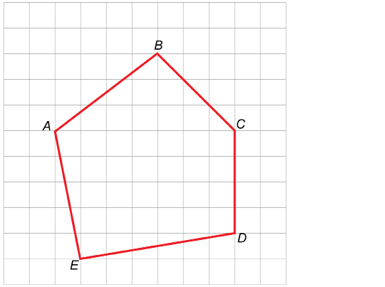 This illustration shows a sample pentagon drawn on quarter-inch grid paper with vertices A, B, C, D, and E.