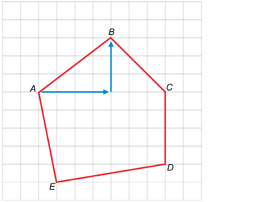 This illustration shows the sample pentagon drawn on half-inch grid paper. Arrows are drawn showing that vertex B is four squares to the right and three squares above vertex A.