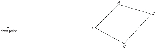 This illustration shows quadrilateral ABCD at the right of a page with a pivot point at the left side of the page.