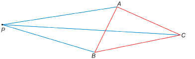 This illustration shows triangle ABC in red with each vertex joined to point P with a blue line.