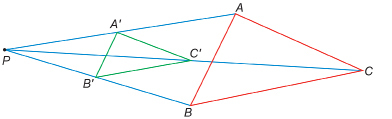 This illustration shows triangle ABC in red with each vertex connected to point P with a blue line. Point A' is marked at the midpoint of segment PA. Similarly B' and C' are marked on PB and PC, respectively. The points A', B', and C' form triangle A'B'C', which is drawn in green.