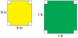 This illustration shows two coloured squares. The yellow square measures 9 inches on a side. The green square measures 1 foot on a side.