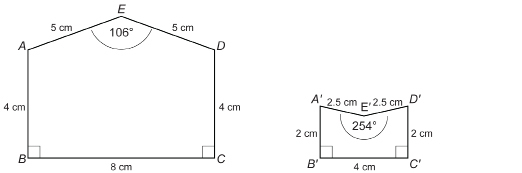 This illustration shows two pentagons. The pentagon on the left has a base of 8 centimetres, two vertical sides of 4 centimetres, two sides at the top of 5 centimetres and a top interior angle of 106 degrees. The pentagon on the right has a base of 4 centimetres, two vertical sides of 2 centimetres, two sides at the top of 2.5 centimetres and a top interior angle of 254 degrees.