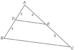 This illustration shows triangles ABC and ADE. DE is a segment that joins point D on side AB with point E on side AC. AD has a measure of 2 units. DB has a measure of 3 units. AE has a measure of 4 units. EF has a measure of 6 units.