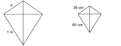 This illustration shows two kites that are similar quadrilaterals. Each kite is made of two isosceles triangles. The quadrilateral on the left has two sides of 1 metre and two shorter sides of measure x. The quadrilateral on the right has two sides of 60 centimetres each and two sides of 36 centimetres each.