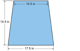 This illustration shows one piece of the toddler’s dress pattern. This quadrilateral is 14.5 inches long. The top measures 10.5 inches, and the bottom measures 17.5 inches.