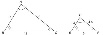This illustration shows two similar triangles. Triangle ABC on the left has angle A marked with a single arc, angle B marked with a double arc, and angle C marked with a four-pointed star. Side AB has a length of 6 units, AC has a length of 9 units, and side BC has a length of 12 units. Triangle DEF on the right has angle D marked with a single arc, angle E marked with a double arc, and angle F marked with a four-pointed star. Side DE has a length of 3 units, DF has a length of 4.5 units, and side EF has a length of 6 units.