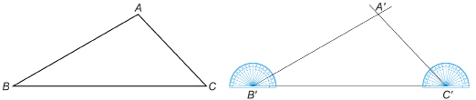 This illustration shows triangle ABC at the left, and the construction of triangle A'B'C' at the right. There are protractors at B' and C' showing these angles are congruent to angles B and C.