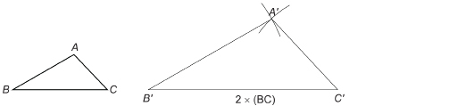 This illustration shows triangle ABC to the left of triangle A'B'C'. It shows an arc drawn with centre B’ and radius twice the length of side BA. It also shows an arc drawn with centre C' and radius twice the length of side CA. A' is placed where the two arcs meet.