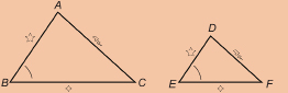 This illustration shows triangles ABC and DEF. Sides AB and DE are marked with five-pointed stars. Sides BC and EF are marked with four-pointed stars. Sides AC and DE are marked with a lightning bolt.