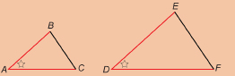 This illustration shows triangles ABC and DEF. Sides AB, AC, DE, and DF are drawn in red. Angles A and D are marked with a five-pointed star.