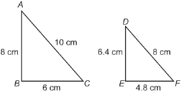 This illustration shows two triangular sails, ABC and DEF. ABC has sides measuring 6 centimetres, 8 centimetres, and 10 centimetres. DEF has sides that measure 4.8 centimetres, 6.4 centimetres, and 8 centimetres.