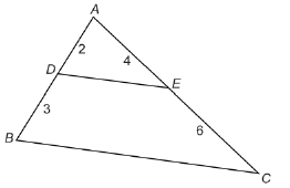This illustration shows triangles ABC and ADE. DE is a segment that joins point D on side AB with point E on side AC. AD has a measure of 2 units. DB has a measure of 3 units. AE has a measure of 4 units. EF has a measure of 6 units.