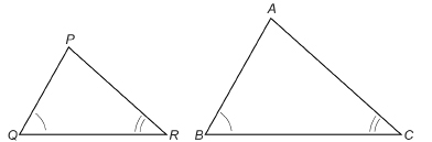 This illustration shows triangles PQR and ABC. Angles Q and B are marked with a single arc. Angles R and C are marked with a double arc.