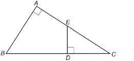 This illustration shows Triangle ABC with angle A marked as a right angle. Segment DE joins point D on side BC with point E on side AC. Angle EDC is a right angle.