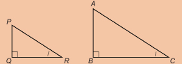 This illustration shows right triangles PQR and ABC. Angles Q and B are right angles, and angles R and C are marked with a single arc.