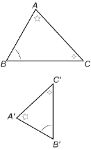 This illustration shows triangles ABC and A'B'C'. Angles A and A' are marked with five-pointed stars. Angles C and C' are marked with four-pointed stars. Triangle ABC is shown above triangle A'B'C', and is placed with side BC horizontal and point A above BC. Triangle A'B'C' is placed so side B'C' is vertical, but A' is to the left of B'C'.