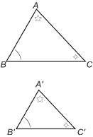 This illustration shows triangles ABC and A'B'C'. Angles A and A' are marked with five-pointed stars. Angles C and C' are marked with four-pointed stars. Triangle ABC is shown above triangle A'B'C', and is placed with side BC horizontal and point A above BC. Triangle A'B'C' is placed so side B'C' is horizontal with point A' above B'C'.