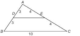 This illustration shows triangle ABC with segment DE joining point D on side AB with point E on side AC. D bisects side AB. E bisects side AC. AD and DB have a length of 3 units. AE and EC have a length of 4 units. Side BC has a length of 10 units.