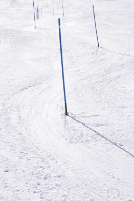 This is an image of a slalom ski course showing posts and their shadows.