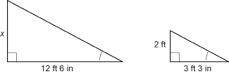 This illustration shows two right triangles. The base of each triangle is horizontal with a right angle at the left side. The other base angles are both marked with a single arc. The base of the triangle on the left measures 12 feet 6 inches. The base of the triangle on the right measures 3 feet 3 inches. The height of the triangle on the right is 2 feet. The height of the triangle on the left is marked as x.