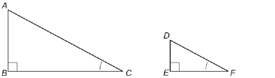 This illustration shows right triangles ABC and DEF. Angles B and E are right angles, and angles C and F are each marked with a single arc.