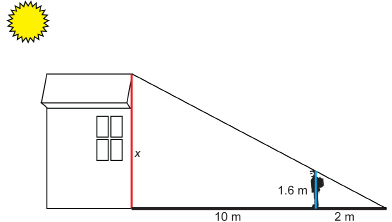 This illustration shows a right triangle with a red vertical side that measures x. A blue vertical line drops from the hypotenuse and divides the horizontal base into a 10-metre segment and a 2-metre segment. The blue vertical segment measures 1.6 metres. The school is next to the red vertical side of the triangle, and a student is located at the blue vertical line. The Sun, in the upper left of the diagram, is lined up with the hypotenuse of the right triangle.