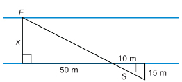 This illustration shows two parallel, blue, horizontal lines that are x metres apart. A point, F, is on the top parallel line. A point, S, is on the bottom parallel line. A line segment is drawn from F directly across the river—perpendicular to the parallel lines. A line is drawn 60 metres along the bottom parallel line. Point S is marked on this line 50 metres from the point across from F. A line perpendicular to the bottom parallel line is drawn away from the river. This line measures 15 metres. A line from this point through S is extended and meets point F.